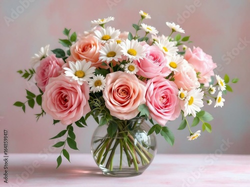 Beautiful bouquet of pink roses and daisies in a glass vase
