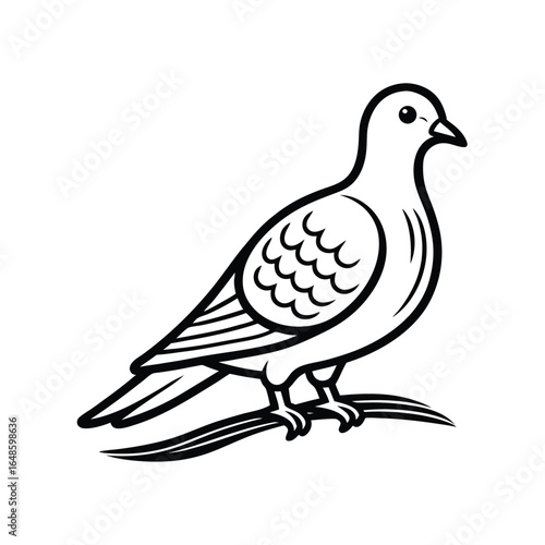 Elegant line art illustration of a peaceful dove perched on a delicate branch against a clean white background