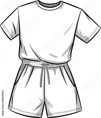 Casual summer outfit, white t-shirt and shorts, flat vector illustration, fashion cad drawing, relaxed fit, stylish, minimal, apparel design