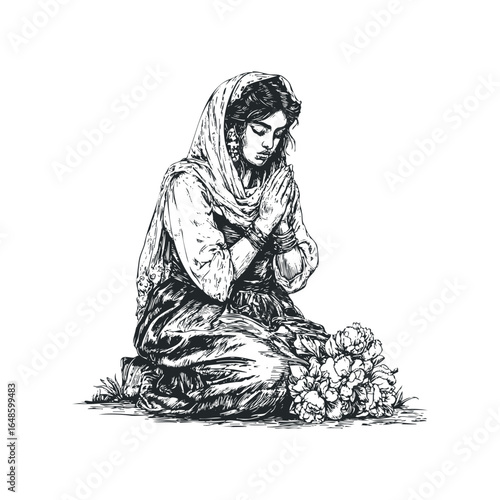Indian woman kneeling in prayer with flowers surrounding her