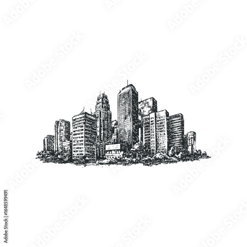 Sketch of a bustling cityscape with varied architecture and surrounding greenery