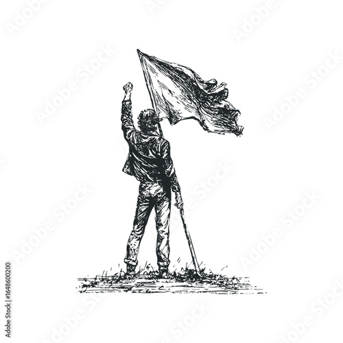 Person raising flag with fist pump during daytime