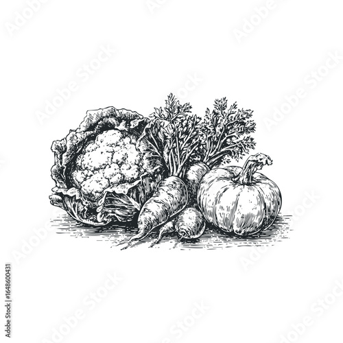 Line art depiction of fresh cauliflower, carrots and pumpkin still life