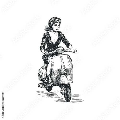 Sketch of a woman wearing a helmet and goggles riding a scooter