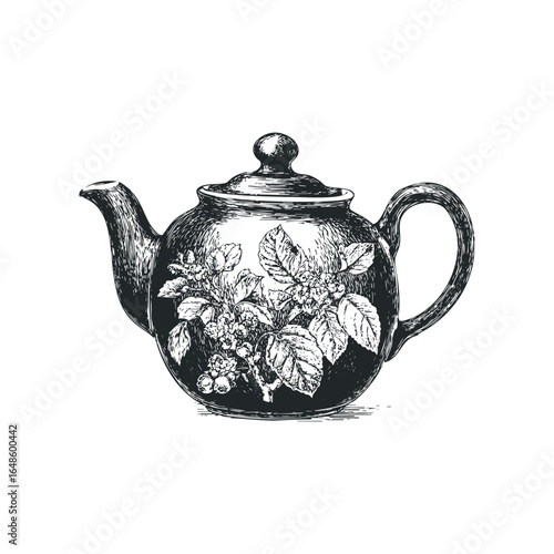Vintage Teapot with Floral Engraving Detailed Sketch