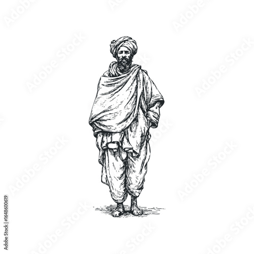 Man in Traditional Attire Standing with Turban and Shawl