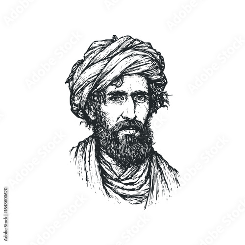 Sketch portrait of a man with a turban and beard