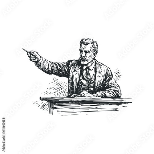 Man in suit with mustache pointing with stylus at a desk