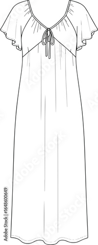 Elegant nightgown design, flutter sleeves, tied neckline, sleepwear fashion sketch, CAD drawing, flat vector illustration, detailed garment, Adobe Stock submission