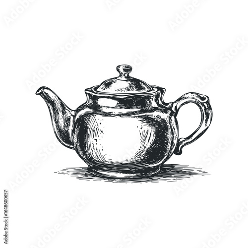 Detailed Sketch of a Vintage Metal Teapot with Handle and Spout
