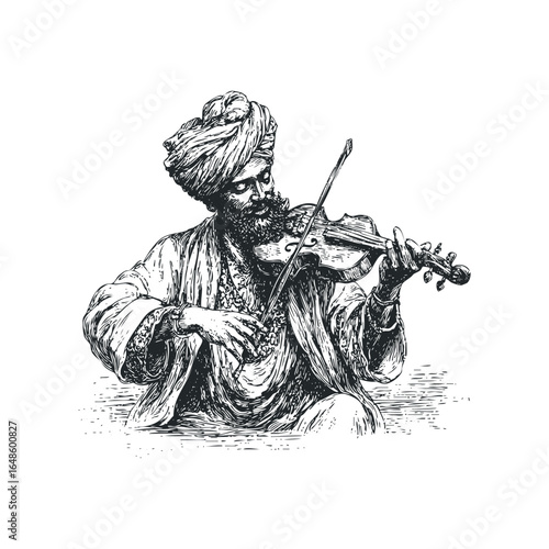 Indian man playing violin wearing traditional turban and attire
