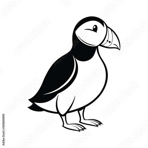 Clean line art illustration of a puffin standing upright on a pure white background