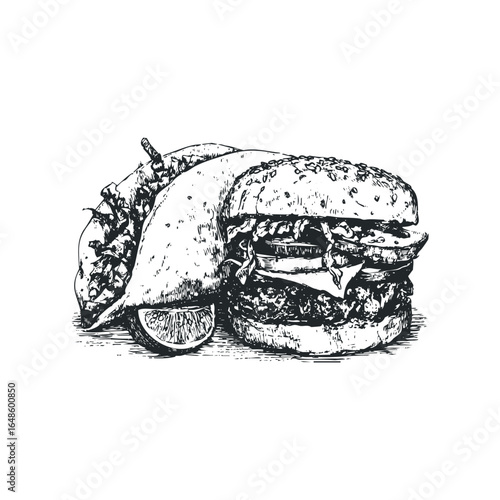 Detailed hand-drawn sketch of a gourmet burger and taco with a lime wedge