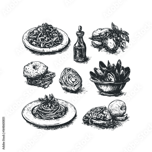 Collection of Hand-Drawn Food Items and Ingredients on White Background