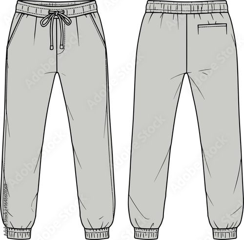 Men's and Women's Fashionable Grey Jogger Pants Technical Drawing, Front and Back Views, Casual Sportswear Apparel CAD Illustration