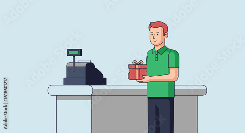 Cheerful Young Man at a Retail Checkout Counter Holding a Colorful Gift Box in a Modern Store Setting, Showcasing the Joy of Shopping and Celebration - Perfect for Marketing and Holiday Promotions