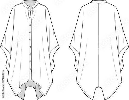 Poncho shirt fashion design, CAD drawing, flat vector illustration, front and back view, garment sketch, apparel template, sewing pattern