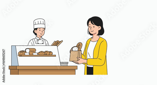 Delicious Bread and Pastries Shopping Experience – Woman Smiling While Buying Freshly Baked Goods from Friendly Baker at Cozy Bakery, Perfect for Food Business, Culinary Arts, and Hospitality