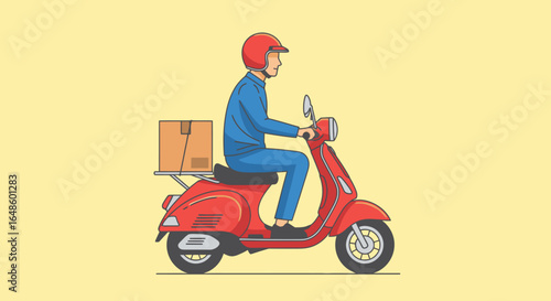 Dynamic Delivery Rider on Red Scooter: Vibrant Illustration for Fast Food Delivery Services, E-commerce, and Urban Logistics with Cheerful Mood and Simple Aesthetic Touch