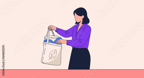 Eco-Friendly Shopping: A Stylish Woman Unpacking a Reusable Tote Bag Filled with Sustainable Products in a Modern Home Setting, Promoting Conscious Consumerism and Green Living Choices