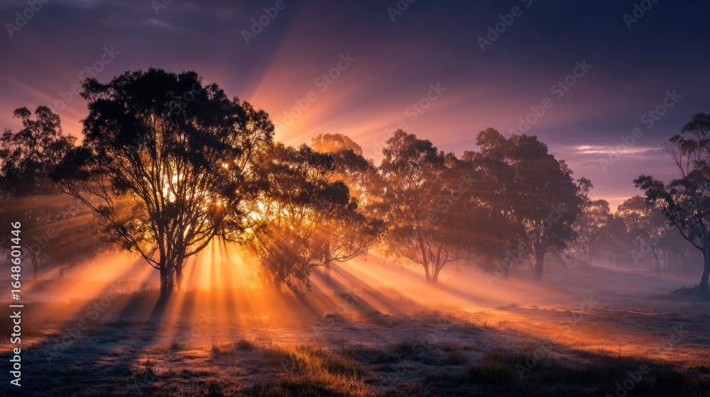 Obraz premium Sunrise Rays Illuminating Misty Trees