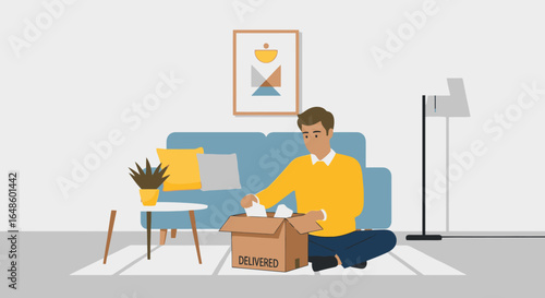 Happy Young Man Joyfully Unpacking a Delivered Package at Home While Seated on a Stylish Carpet, Surrounded by Modern Decor and Cozy Atmosphere Enhancing Online Shopping Experience and Home Delivery