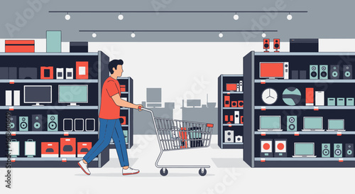 Modern Shopping Experience: Young Man Pushing Shopping Cart Through Retail Store Aisle Filled with Consumer Electronics, Gadgets, Home Appliances, and Accessories in a Bright and Inviting Atmosphere