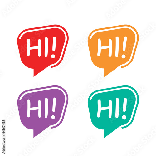 Four colorful speech bubbles with hi text greeting communication