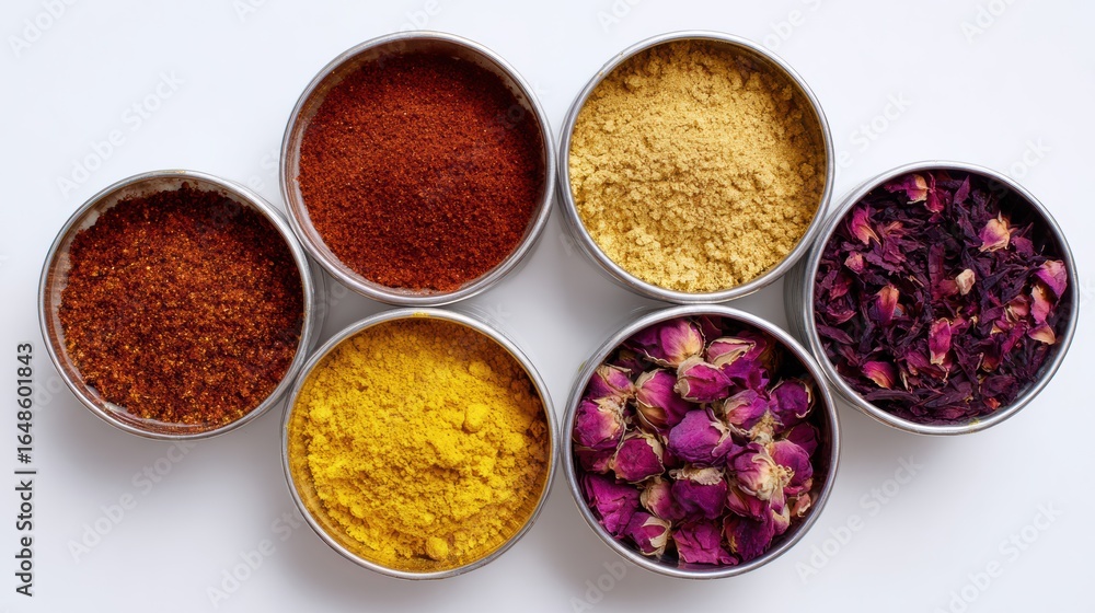Fototapeta premium Colorful collection of spices and herbs in metal containers, ideal for culinary and health-related projects.
