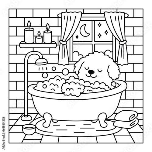 Cozy Dog Bath Time at Night – Coloring Sheet