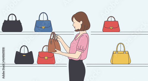Stylish Young Woman Shopping for Designer Handbags in a Trendy Retail Boutique with a Vibrant Array of Colorful Accessories Displayed on Shelves – Perfect for Fashion, Retail, and Lifestyle Themes