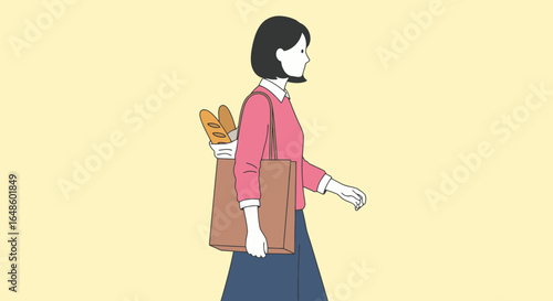 Stylish Young Woman Walking with Fresh Baguettes in a Tote Bag on a Soft Yellow Background, Perfect for Food Blogs, Cooking Magazines, and Lifestyle Websites Focused on Daily Grocery Shopping