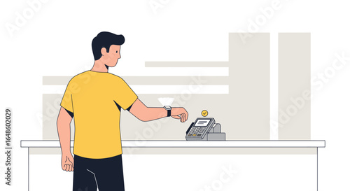 Young Man Using Smartwatch for Contactless Payment at Modern POS Terminal in Minimalist Retail Environment, Showcasing Seamless Digital Transactions and the Future of Shopping Experience