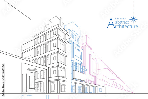 3D illustration abstract urban building out-line drawing of imagination architecture building construction design.