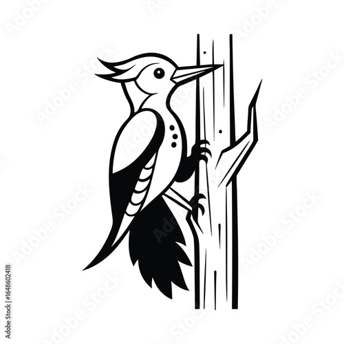 Red headed woodpecker climbing tree trunk line art illustration for banners and advertisements