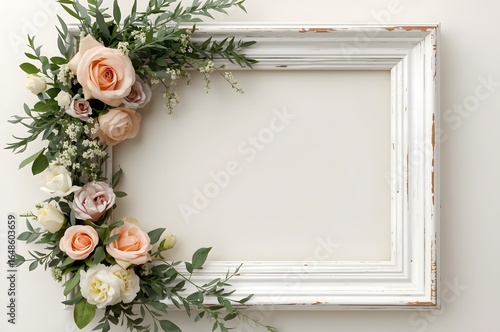 Wedding invitation or bridal shower invitation, white wooden frame decorated with flowers, blank space for a text