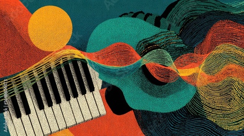 Creative music wallpaper featuring a combination of guitar strings, piano keys, and sound waves in colorful abstract design, perfect for music lovers and digital creatives.