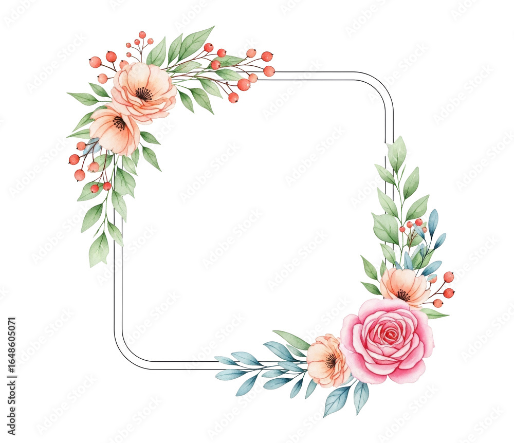Fototapeta premium Watercolor Floral Square Frame with Peach and Pink Flowers, Green Leaves, Elegant Design, Transparent Background