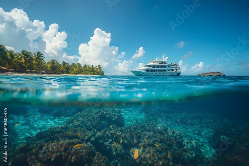 Caribbean reef view with cuise vacation boat travel