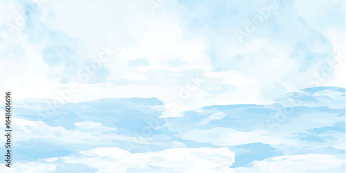 Blue vector watercolor art background with white clouds and blue sky. Hand drawn vector texture. Heaven. Watercolour banner. Abstract template for flyers, cards, poster, cover or design interior.