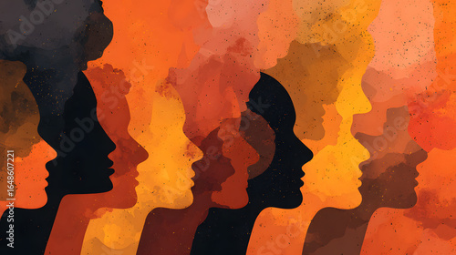 Abstract background with silhouettes of people's heads in various colors.