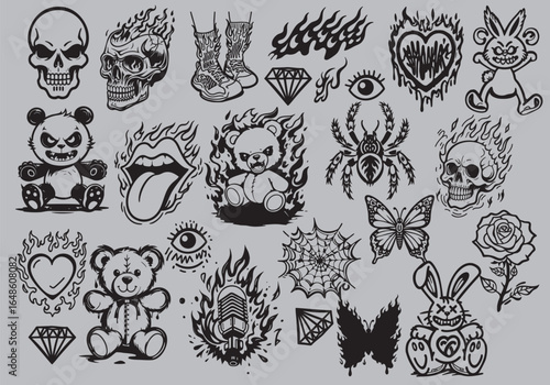 Y2K aesthetic vector elements set featuring panda, teddy bear, spider, skull, heart, butterfly, and rabbit. Perfect for stickers, apparel prints, posters, and trendy graphic design projects.