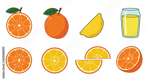 Orange fruit slices and juice illustration for healthy lifestyle and nutrition