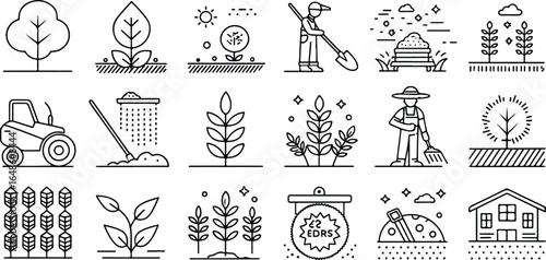 Agricultural Icons Set Vector Illustration Farming Agriculture and Gardening Concepts Agricultural Machinery and Crops Rural Scene Element Silhouettes