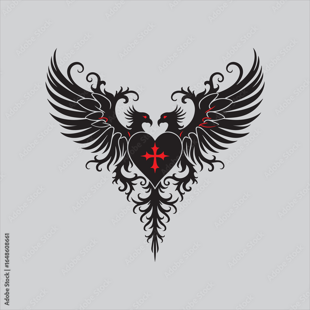 Obraz premium Tribal Winged Heart Tattoo Design,Gothic Heart with Wings Vector Art,Vintage Winged Heart Ornament Design,Sacred Heart with Wings Tattoo Style,Black and White Tribal Heart Illustration