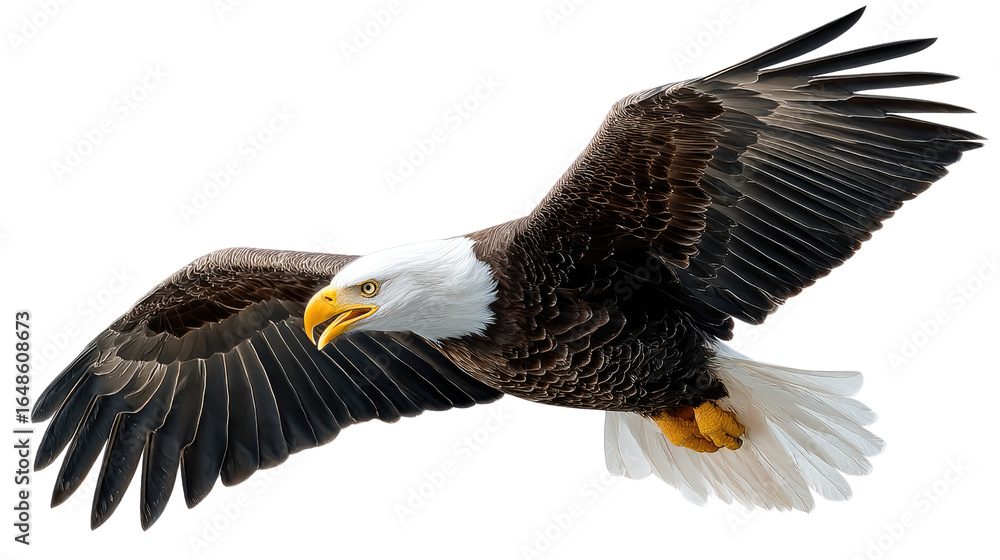 Obraz premium Soaring Bald Eagle: Capturing the majestic spirit of freedom, a bald eagle gracefully soars through the air, showcasing its powerful wingspan and iconic white head. 