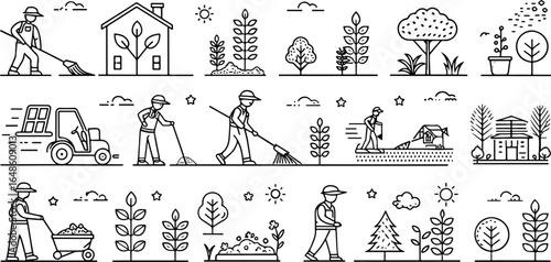Vector Illustration of Yard Work and Landscaping Icons Representing Home Maintenance and Gardening Activities in Black and White Line Art Style
