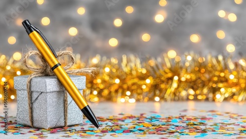Gold pen resting on a small silver gift box, tied with twine, amidst colorful confetti and gold lights