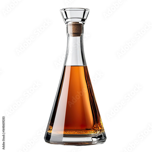 Front view of a pyramid-shaped liqueur bottle with a white blank label, studio shot, isolated on a white transparent background