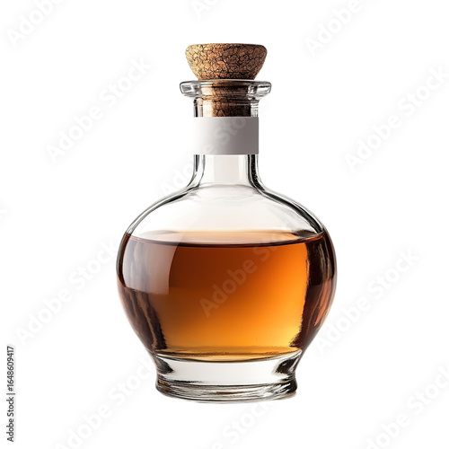 Front view of a rounded glass liqueur bottle with a white blank label, studio shot, isolated on a white transparent background